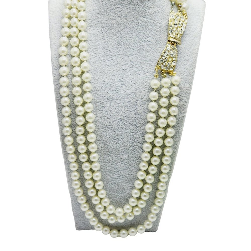 Vintage 80s Triple Strand Glass Pearl Rhinestone Bow Necklace (A899)